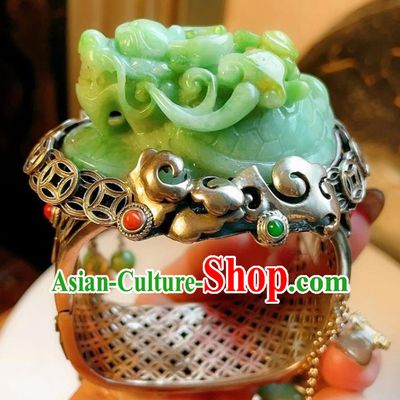 Handmade Chinese National Jade Carving Dragon Bracelet Accessories Traditional Culture Jewelry Silver Bangle