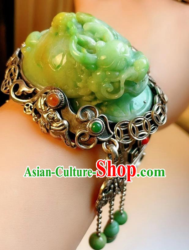 Handmade Chinese National Jade Carving Dragon Bracelet Accessories Traditional Culture Jewelry Silver Bangle Handmade Chinese National Jade Carving Dragon Bracelet Accessories Traditional Culture Jewelry Silver Bangle