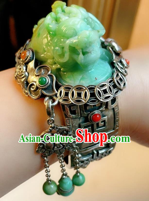 Handmade Chinese National Jade Carving Dragon Bracelet Accessories Traditional Culture Jewelry Silver Bangle Handmade Chinese National Jade Carving Dragon Bracelet Accessories Traditional Culture Jewelry Silver Bangle