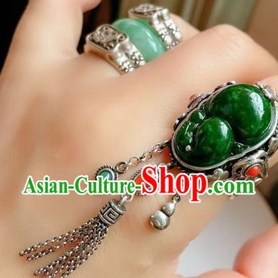 Top Chinese National Green Jadeite Ring Jewelry Traditional Handmade Wedding Accessories Silver Gourd Tassel Circlet