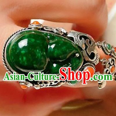 Top Chinese National Wedding Silver Ring Jewelry Traditional Handmade Accessories Green Jadeite Circlet