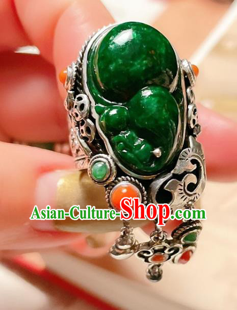 Top Chinese National Wedding Silver Ring Jewelry Traditional Handmade Accessories Green Jadeite Circlet Top Chinese National Wedding Silver Ring Jewelry Traditional Handmade Accessories Green Jadeite Circlet
