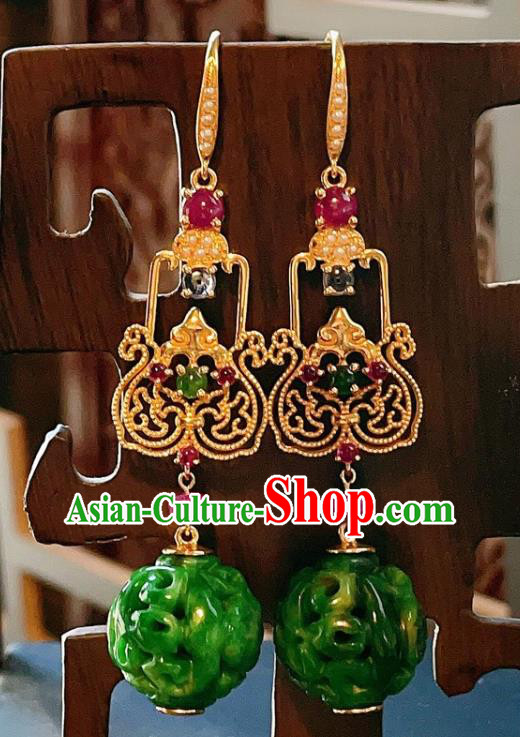 Chinese National Jadeite Carving Earrings Traditional Jewelry Handmade Tourmaline Ear Accessories Chinese National Jadeite Carving Earrings Traditional Jewelry Handmade Tourmaline Ear Accessories