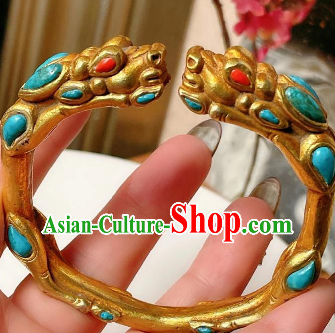 Handmade Chinese National Kallaite Bracelet Accessories Traditional Culture Jewelry Gilding Dragon Head Bangle Handmade Chinese National Kallaite Bracelet Accessories Traditional Culture Jewelry Gilding Dragon Head Bangle