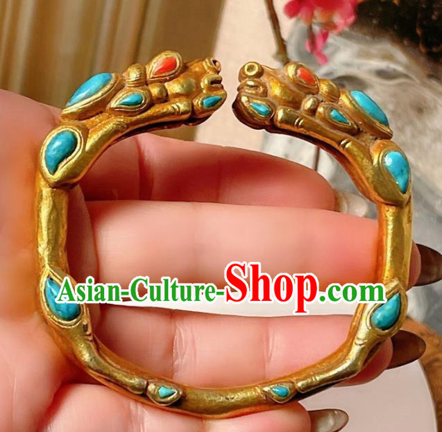 Handmade Chinese National Kallaite Bracelet Accessories Traditional Culture Jewelry Gilding Dragon Head Bangle Handmade Chinese National Kallaite Bracelet Accessories Traditional Culture Jewelry Gilding Dragon Head Bangle