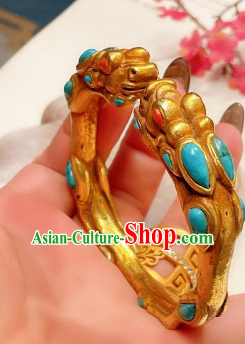Handmade Chinese National Kallaite Bracelet Accessories Traditional Culture Jewelry Gilding Dragon Head Bangle Handmade Chinese National Kallaite Bracelet Accessories Traditional Culture Jewelry Gilding Dragon Head Bangle