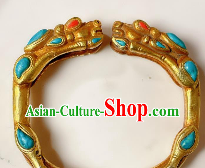Handmade Chinese National Kallaite Bracelet Accessories Traditional Culture Jewelry Gilding Dragon Head Bangle Handmade Chinese National Kallaite Bracelet Accessories Traditional Culture Jewelry Gilding Dragon Head Bangle
