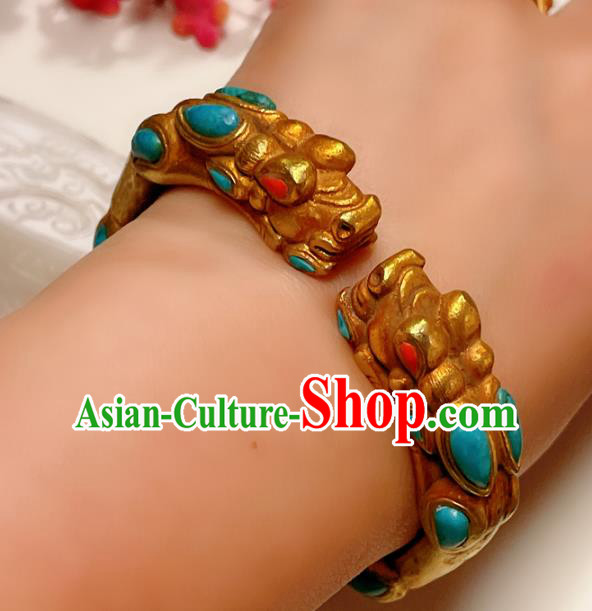 Handmade Chinese National Kallaite Bracelet Accessories Traditional Culture Jewelry Gilding Dragon Head Bangle Handmade Chinese National Kallaite Bracelet Accessories Traditional Culture Jewelry Gilding Dragon Head Bangle