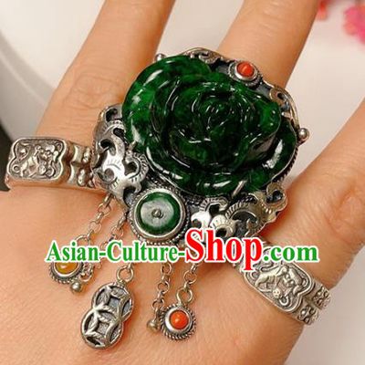 Top Chinese National Silver Carving Ring Jewelry Traditional Handmade Accessories Jadeite Rose Circlet