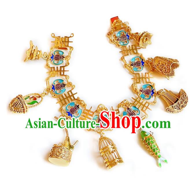 Handmade Chinese Golden Basket Bracelet Accessories Traditional Culture Jewelry Cloisonne Bat Bangle Handmade Chinese Golden Basket Bracelet Accessories Traditional Culture Jewelry Cloisonne Bat Bangle