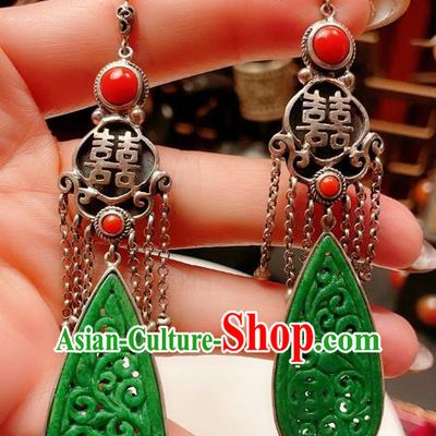 Chinese National Jadeite Earrings Traditional Jewelry Handmade Wedding Silver Ear Accessories
