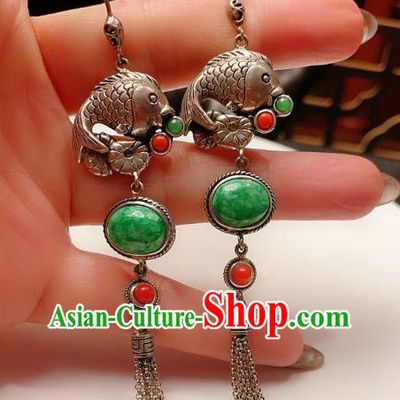 Chinese National Silver Carp Lotus Earrings Traditional Jewelry Handmade Wedding Ear Accessories