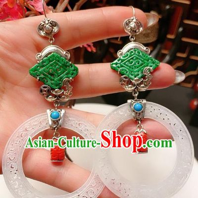 Chinese National Hetian Jade Earrings Traditional Jewelry Handmade Wedding Silver Bat Ear Accessories