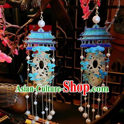 High Quality Chinese National Jadeite Earrings Traditional Jewelry Handmade Pearls Tassel Jade Ear Accessories