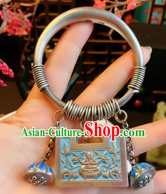 Handmade Chinese Blueing Lock Bracelet Accessories Traditional Culture Jewelry National Silver Carving Bangle Handmade Chinese Blueing Lock Bracelet Accessories Traditional Culture Jewelry National Silver Carving Bangle