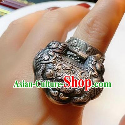 Chinese National Carving Dragon Ring Jewelry Traditional Handmade Accessories Retro Silver Circlet
