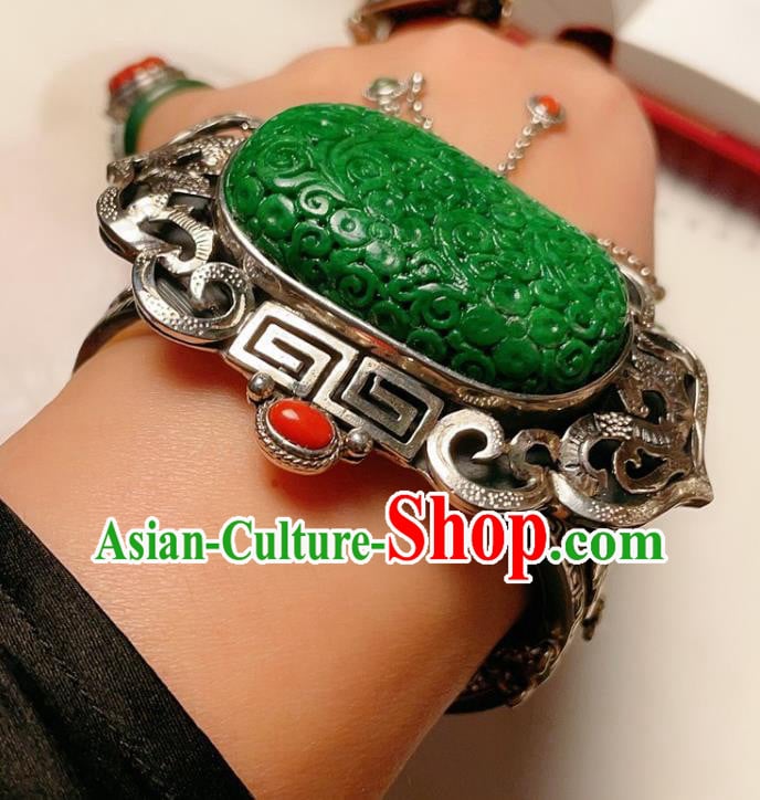 Handmade Chinese National Silver Bracelet Accessories Traditional Culture Jewelry Jadeite Carving Bangle Handmade Chinese National Silver Bracelet Accessories Traditional Culture Jewelry Jadeite Carving Bangle