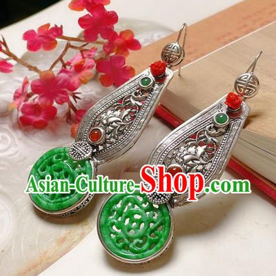Chinese National Silver Earrings Traditional Jewelry Handmade Wedding Jadeite Ear Accessories