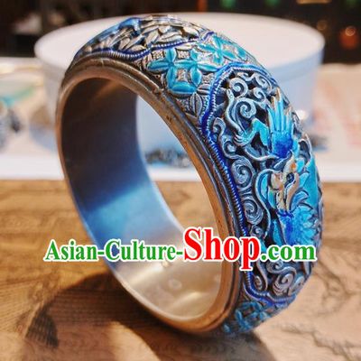 Handmade Chinese Blueing Silver Bracelet Accessories Traditional Culture Jewelry National Carving Dragon Bangle