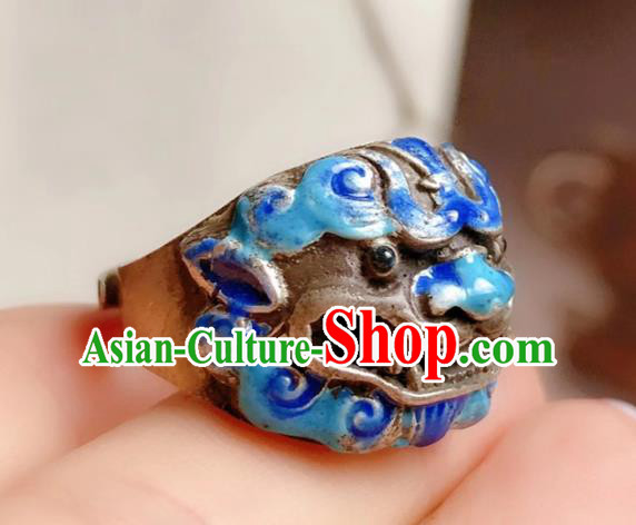Chinese National Blueing Silver Ring Jewelry Traditional Handmade Accessories Retro Carving Lion Circlet Chinese National Blueing Silver Ring Jewelry Traditional Handmade Accessories Retro Carving Lion Circlet