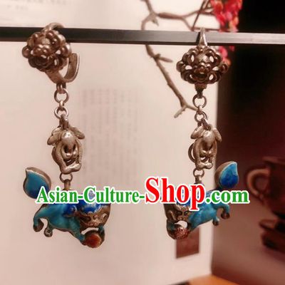 Chinese National Blueing Lion Earrings Traditional Jewelry Handmade Silver Ear Accessories