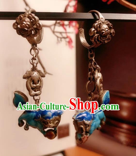 Chinese National Blueing Lion Earrings Traditional Jewelry Handmade Silver Ear Accessories Chinese National Blueing Lion Earrings Traditional Jewelry Handmade Silver Ear Accessories