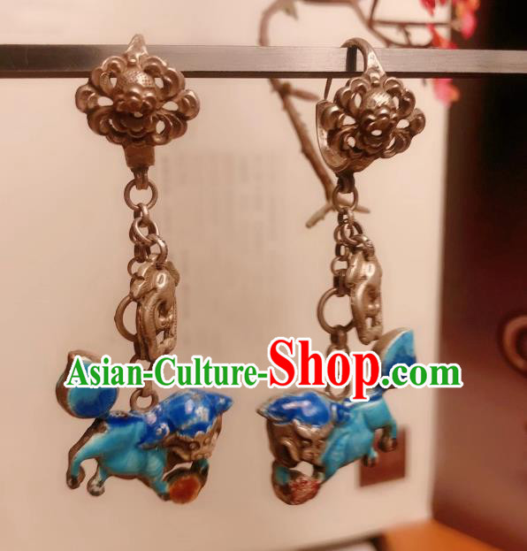 Chinese National Blueing Lion Earrings Traditional Jewelry Handmade Silver Ear Accessories Chinese National Blueing Lion Earrings Traditional Jewelry Handmade Silver Ear Accessories