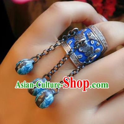 Chinese National Blueing Tassel Ring Jewelry Traditional Handmade Accessories Silver Circlet