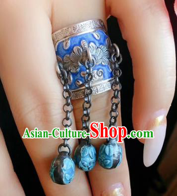 Chinese National Blueing Tassel Ring Jewelry Traditional Handmade Accessories Silver Circlet Chinese National Blueing Tassel Ring Jewelry Traditional Handmade Accessories Silver Circlet
