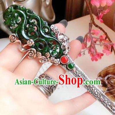 China Traditional Jadeite Dragon Hairpin Hair Accessories Handmade Qing Dynasty Silver Hair Stick