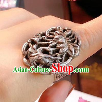 Chinese National Carving Crane Lotus Ring Jewelry Traditional Handmade Accessories Silver Circlet