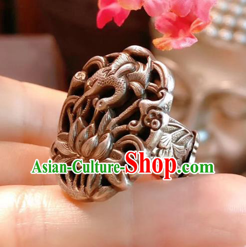 Chinese National Carving Crane Lotus Ring Jewelry Traditional Handmade Accessories Silver Circlet Chinese National Carving Crane Lotus Ring Jewelry Traditional Handmade Accessories Silver Circlet