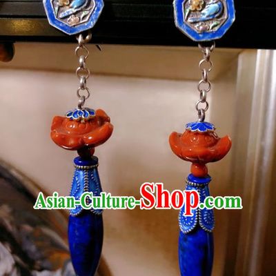 Chinese National Blueing Earrings Traditional Agate Lotus Jewelry Handmade Lapis Ear Accessories