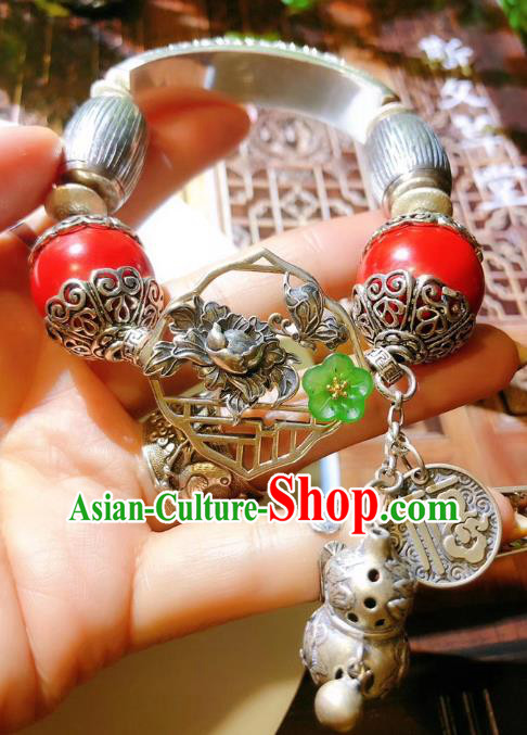 China Traditional Silver Bracelet Handmade National Cinnabar Bangle Accessories China Traditional Silver Bracelet Handmade National Cinnabar Bangle Accessories