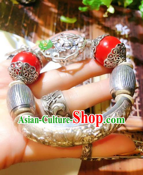 China Traditional Silver Bracelet Handmade National Cinnabar Bangle Accessories China Traditional Silver Bracelet Handmade National Cinnabar Bangle Accessories