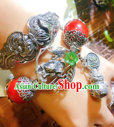 China Traditional Silver Bracelet Handmade National Cinnabar Bangle Accessories China Traditional Silver Bracelet Handmade National Cinnabar Bangle Accessories