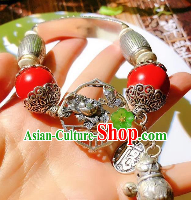 China Traditional Silver Bracelet Handmade National Cinnabar Bangle Accessories China Traditional Silver Bracelet Handmade National Cinnabar Bangle Accessories