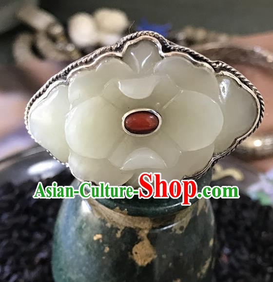 Chinese National Hetian Jade Peony Ring Jewelry Traditional Handmade Silver Circlet Accessories Chinese National Hetian Jade Peony Ring Jewelry Traditional Handmade Silver Circlet Accessories