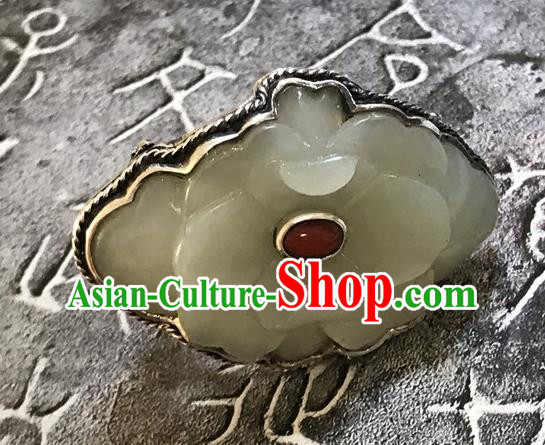 Chinese National Hetian Jade Peony Ring Jewelry Traditional Handmade Silver Circlet Accessories Chinese National Hetian Jade Peony Ring Jewelry Traditional Handmade Silver Circlet Accessories