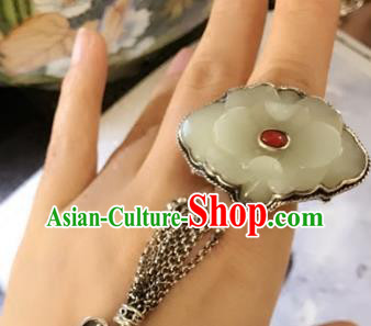 Chinese National Hetian Jade Peony Ring Jewelry Traditional Handmade Silver Circlet Accessories Chinese National Hetian Jade Peony Ring Jewelry Traditional Handmade Silver Circlet Accessories