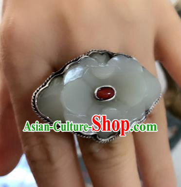 Chinese National Hetian Jade Peony Ring Jewelry Traditional Handmade Silver Circlet Accessories Chinese National Hetian Jade Peony Ring Jewelry Traditional Handmade Silver Circlet Accessories