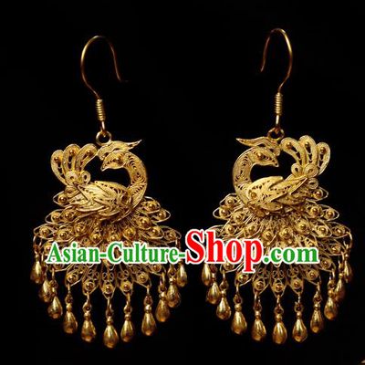 Chinese Traditional Hanfu Golden Peacock Earrings Accessories Ancient Queen Tassel Ear Jewelry