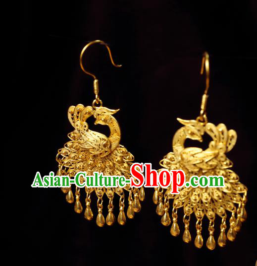 Chinese Traditional Hanfu Golden Peacock Earrings Accessories Ancient Queen Tassel Ear Jewelry Chinese Traditional Hanfu Golden Peacock Earrings Accessories Ancient Queen Tassel Ear Jewelry