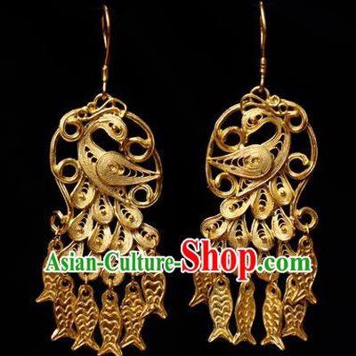 Chinese Ancient Empress Fish Tassel Ear Jewelry Traditional Hanfu Golden Peacock Earrings Accessories