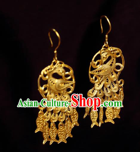 Chinese Ancient Empress Fish Tassel Ear Jewelry Traditional Hanfu Golden Peacock Earrings Accessories Chinese Ancient Empress Fish Tassel Ear Jewelry Traditional Hanfu Golden Peacock Earrings Accessories