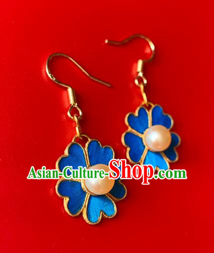 Chinese National Pearl Ear Accessories Traditional Cheongsam Blue Flower Earrings Jewelry Chinese National Pearl Ear Accessories Traditional Cheongsam Blue Flower Earrings Jewelry