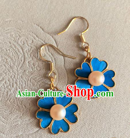 Chinese National Pearl Ear Accessories Traditional Cheongsam Blue Flower Earrings Jewelry Chinese National Pearl Ear Accessories Traditional Cheongsam Blue Flower Earrings Jewelry