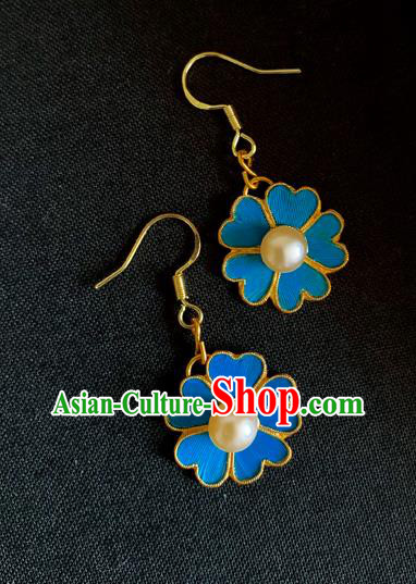 Chinese National Pearl Ear Accessories Traditional Cheongsam Blue Flower Earrings Jewelry Chinese National Pearl Ear Accessories Traditional Cheongsam Blue Flower Earrings Jewelry