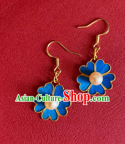 Chinese National Pearl Ear Accessories Traditional Cheongsam Blue Flower Earrings Jewelry Chinese National Pearl Ear Accessories Traditional Cheongsam Blue Flower Earrings Jewelry
