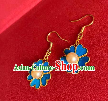 Chinese National Pearl Ear Accessories Traditional Cheongsam Blue Flower Earrings Jewelry Chinese National Pearl Ear Accessories Traditional Cheongsam Blue Flower Earrings Jewelry
